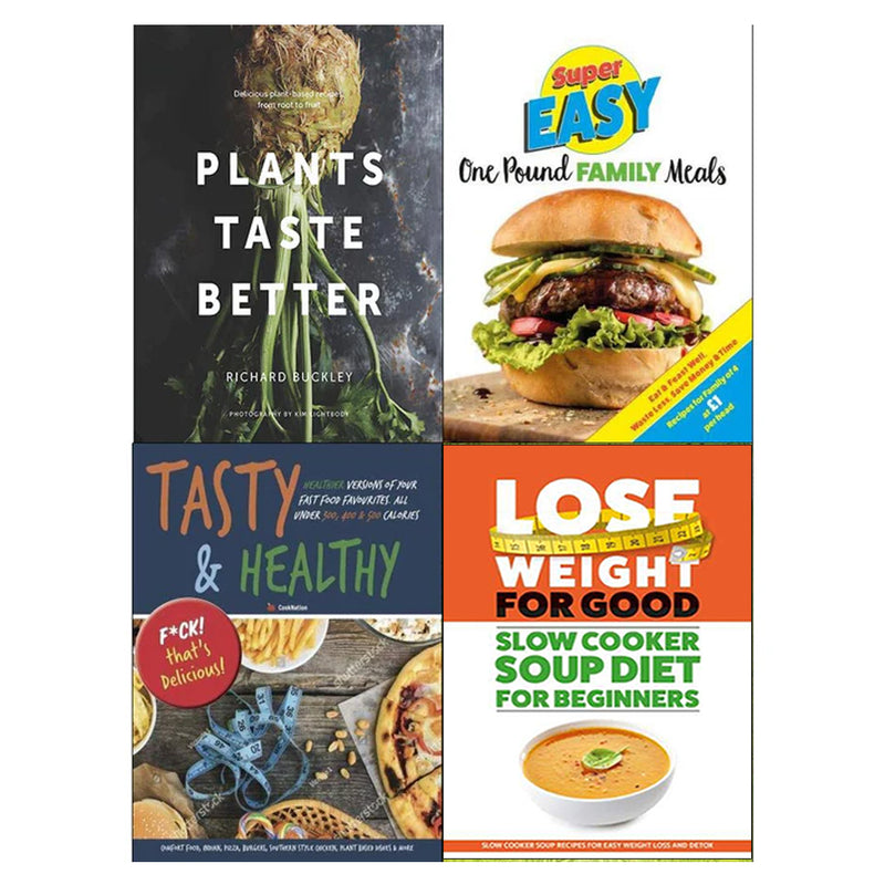 Image of a book set titled "Plants Taste Better; Lose Weight For Good" by Richard Buckley, featuring colorful cover designs.