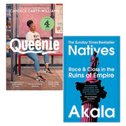 Set of two non-fiction paperback books, Queenie by Candice Carty-Williams and Race and Class by Akala, with colorful cover designs.