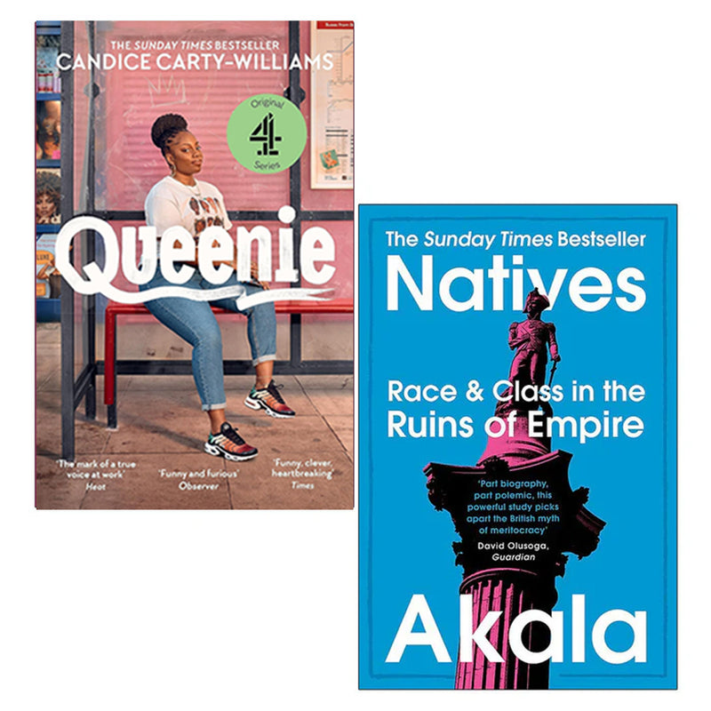 Set of two non-fiction paperback books, Queenie by Candice Carty-Williams and Race and Class by Akala, with colorful cover designs.