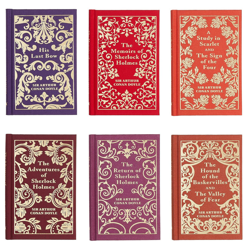 Sherlock Holmes collection of 6 hardcover books by Sir Arthur Conan Doyle, featuring classic detective fiction in a boxed set.