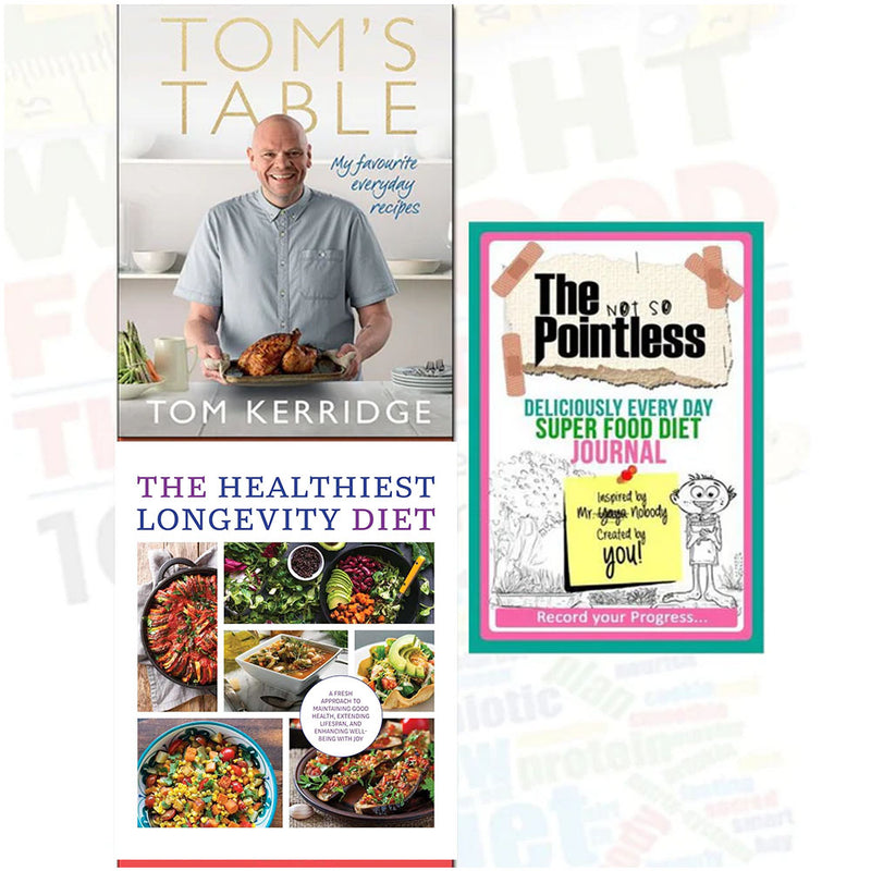 Set of three health and longevity diet books by Tom Kerridge and Lota, featuring colorful cover designs and nutrition tips.