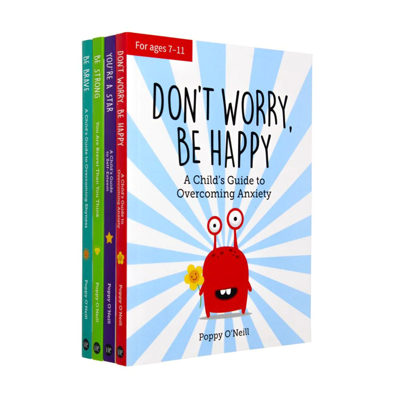 Set of four Poppy O'Neill children's books including Be Strong, Be Brave, You're a Star, and Don't Worry Be Happy, with colorful covers.