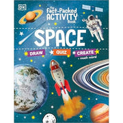 Children's activity book titled The Fact-Packed Space Book by DK Children, featuring space-themed activities and puzzles in paperback