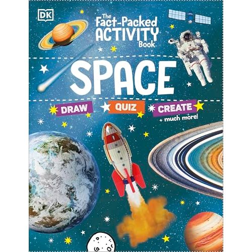Children's activity book titled The Fact-Packed Space Book by DK Children, featuring space-themed activities and puzzles in paperback