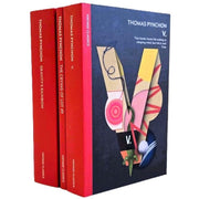 Thomas Pynchon collection of three classic postmodern American fiction paperbacks by Penguin UK, featuring colorful cover art.