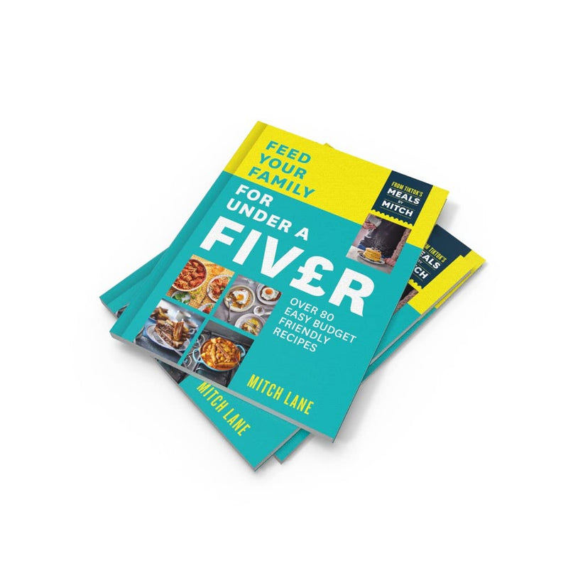Book cover of "Feed Your Family for Under a Fiver" by Mitch Lane, featuring colorful food illustrations on a Thorsons publication.