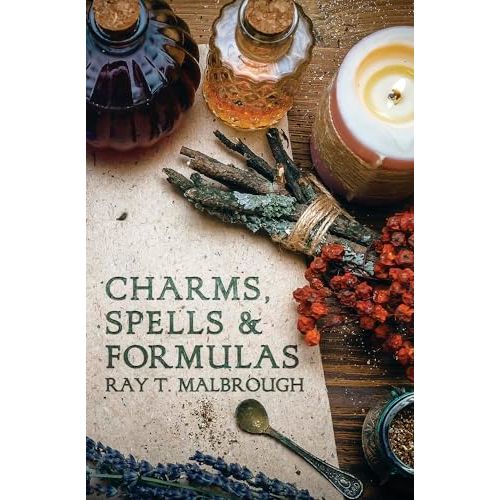 Book cover of "Charms, Spells, and Formulas" by Llewellyn Publications, featuring mystical charms, herbs, candles, and magical ingredients.