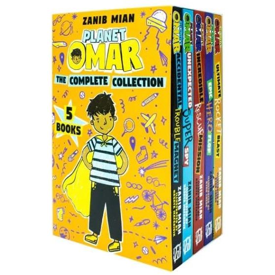 Set of five Planet Omar books by Zanib Mian, featuring colorful covers from the series including Accidental Trouble Magnet and Spy adventures.