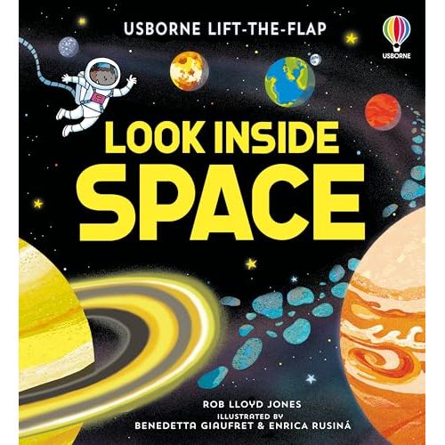 Children's interactive board book by Usborne Publishing featuring flaps to explore galaxies, stars, and the moon in space.
