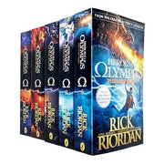 Set of five The Heroes of Olympus paperback books by Rick Riordan, featuring colorful covers from the Puffin brand.