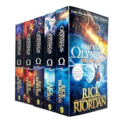 Set of five The Heroes of Olympus paperback books by Rick Riordan, featuring colorful covers from the Puffin brand.