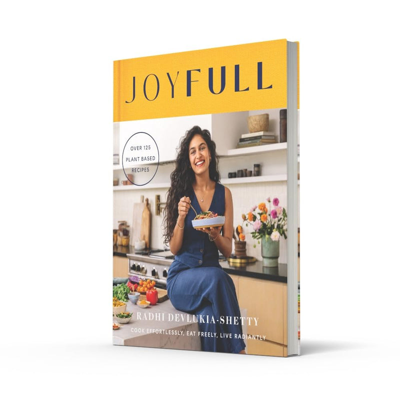 Radhi Devlukia-Shetty Thorsons book cover titled "JoyFull: Cook Effortlessly, Eat Freely, Live Radiantly" featuring colorful design elements.