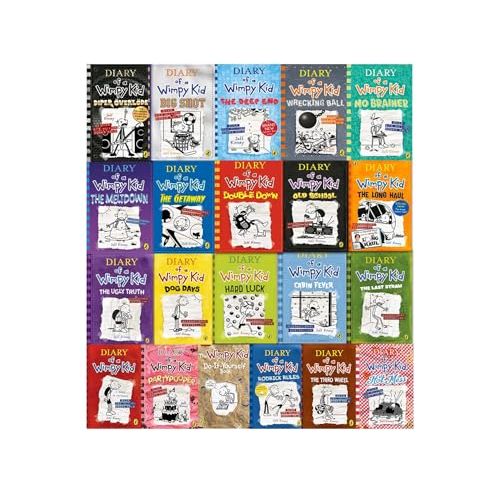 Set of Diary of a Wimpy Kid series 21 books by Jeff Kinney, featuring colorful covers from Penguin Ltd, including No Brainer and The Deep End.
