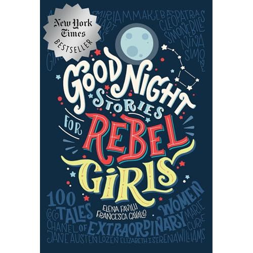 Open book showing colorful pages of "Good Night Stories for Rebel Girls: 100 Tales of Extraordinary Women" by Rebel Girls.