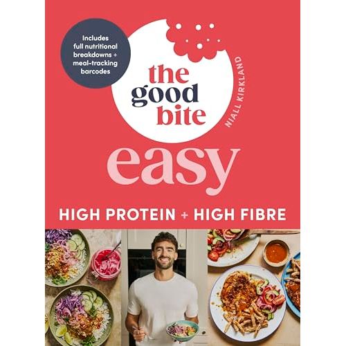 High protein, high fiber meals from The Good Bite Easy by Michael Joseph, featuring colorful, nutritious ingredients in a prepared dish.