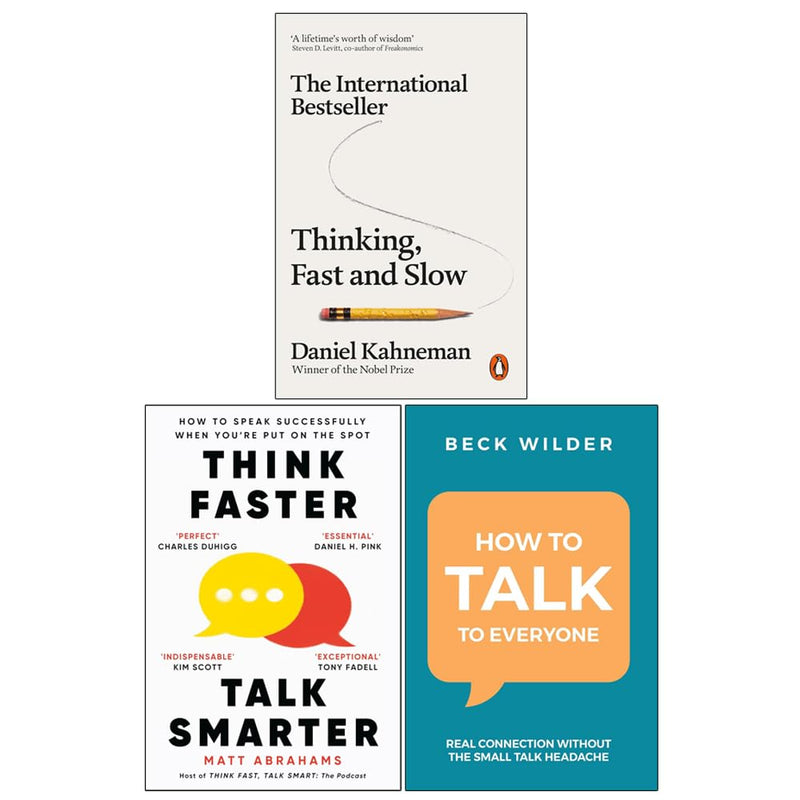 Three paperback books in the "Thinking, Fast and Slow" collection by Daniel Kahneman, Matt Abrahams, and Beck Wilder, on a white background.