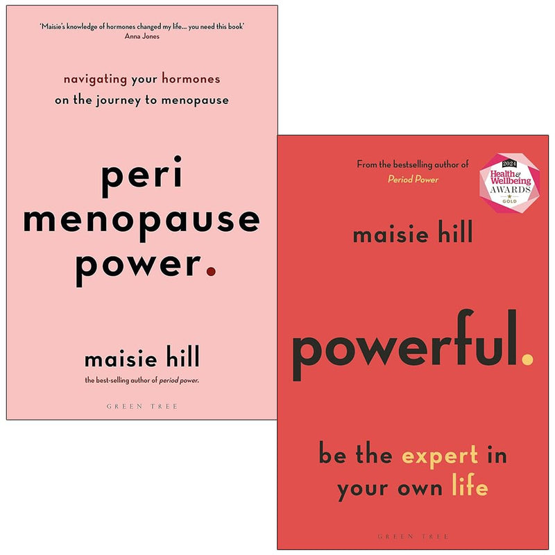Green Tree paperback set of "Powerful" and "Perimenopause Power" books by Maisie Hill, non-fiction guides on self-empowerment and perimenopause.
