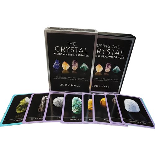 Crystal Wisdom Healing Oracle cards by Judy Hall, featuring 50 colorful cards for healing, self-understanding, and divination.