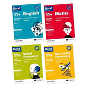 Set of Bond 11+ assessment papers book 2 for ages 9-10, including four various practice books for exam preparation.
