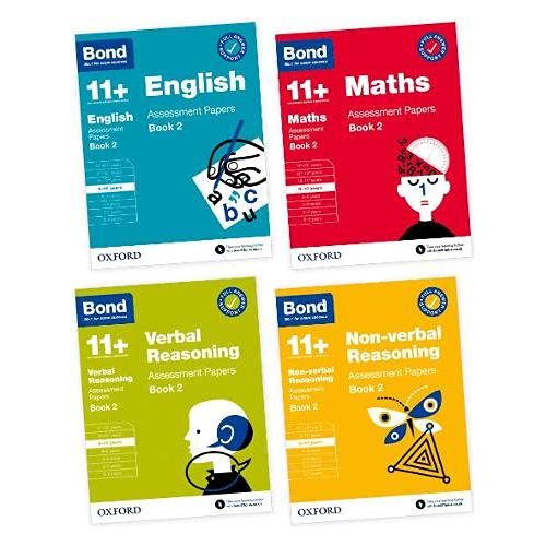 Set of Bond 11+ assessment papers book 2 for ages 9-10, including four various practice books for exam preparation.