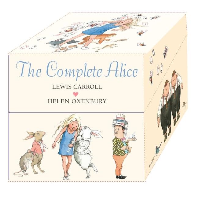 Set of 22 children's books by Lewis Carroll, including Alice's adventures, with illustrated covers featuring Queen's Croquet-Ground and Queen Alice.