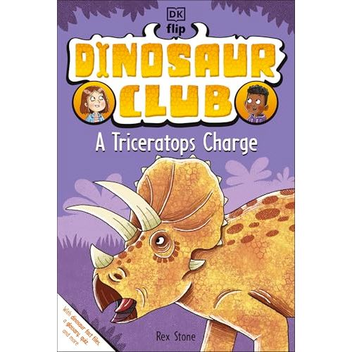 Illustration from DK Flip Dinosaur Club Series featuring a Triceratops charging in a colorful children’s picture book for kids.