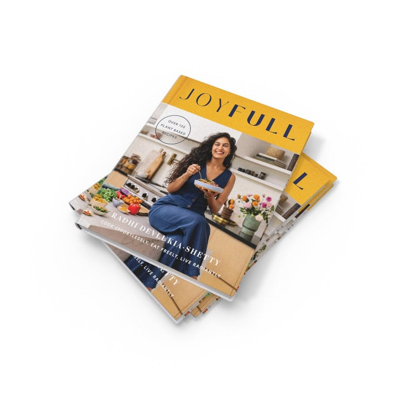 Radhi Devlukia-Shetty Thorsons book cover titled "JoyFull: Cook Effortlessly, Eat Freely, Live Radiantly" with vibrant design.