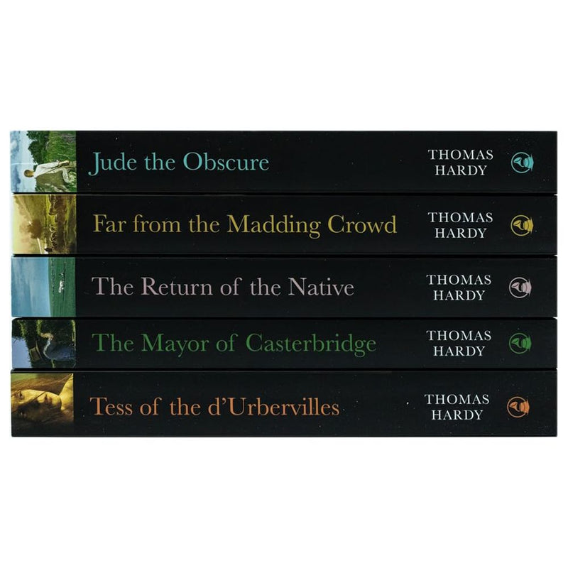 Set of five Thomas Hardy classic editions including Jade the Obscure and Far from the Madding Crowd, featuring vintage book covers.