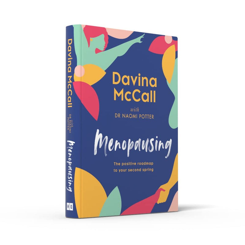 Davina McCall's "Menopausing" hardcover book, British Book Awards 2023 Book of the Year, displayed with cover details visible.