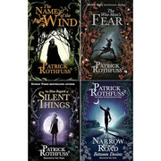 Four paperback books from The Kingkiller Chronicle series by Patrick Rothfuss, fiction collection set published by Gollancz Ltd.