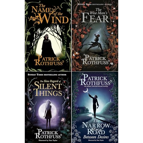 Four paperback books from The Kingkiller Chronicle series by Patrick Rothfuss, fiction collection set published by Gollancz Ltd.
