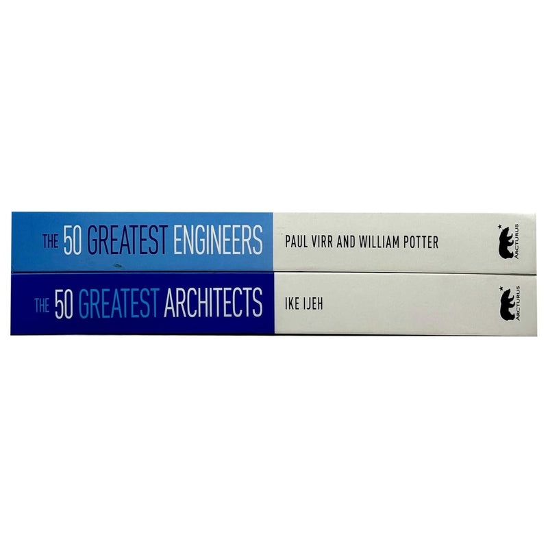Set of two hardcover books on architecture and engineering by Ike Ijeh, Paul Virr, and William Potter, featuring influential architects and engineers.