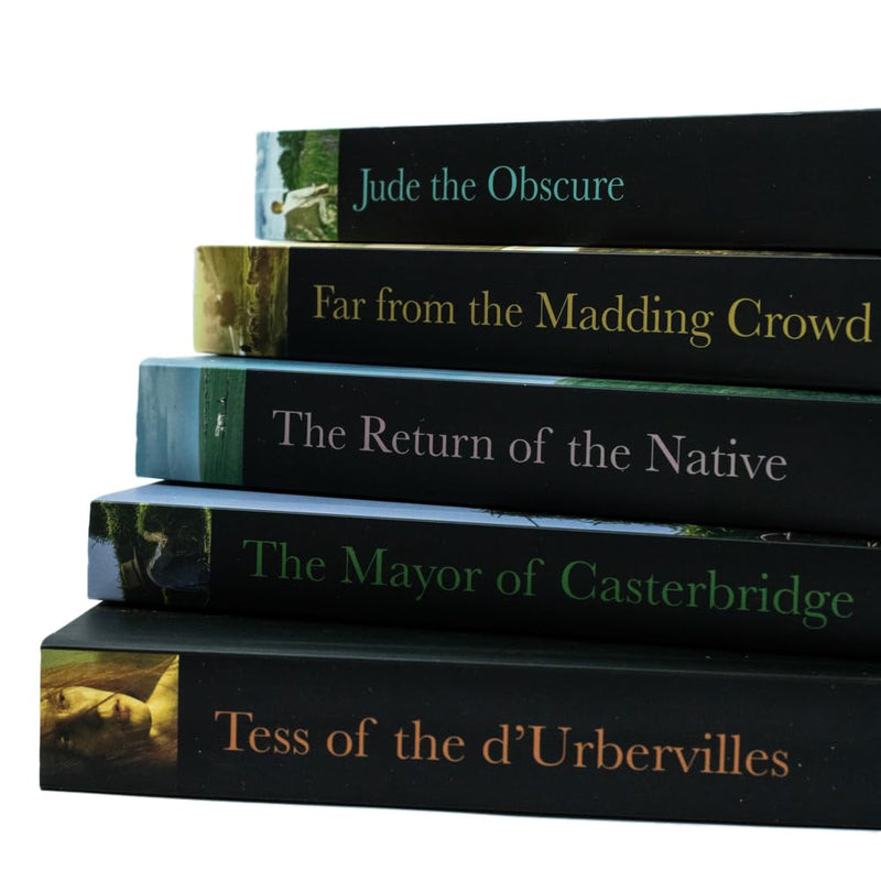 Set of five Thomas Hardy classic edition novels including Jade the Obscure and Far from the Madding Crowd, featuring vintage cover art.