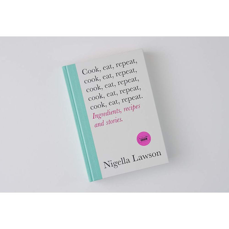 Hardcover of "Cook, Eat, Repeat" by Nigella Lawson featuring a colorful kitchen scene with ingredients and recipes.