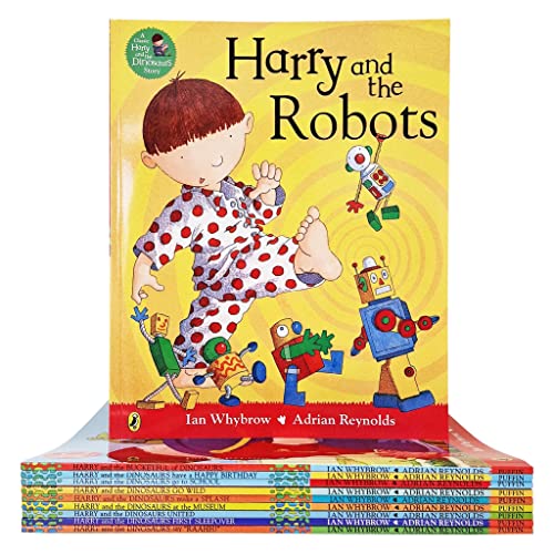 Set of 10 Puffin Harry and the Bucketful of Dinosaurs books by Ian Whybrow featuring colorful dinosaur illustrations and story covers.