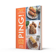 High-quality photo of the book "PING!" by Justine Pattison featuring a colorful cover with recipe images and cooking tips.