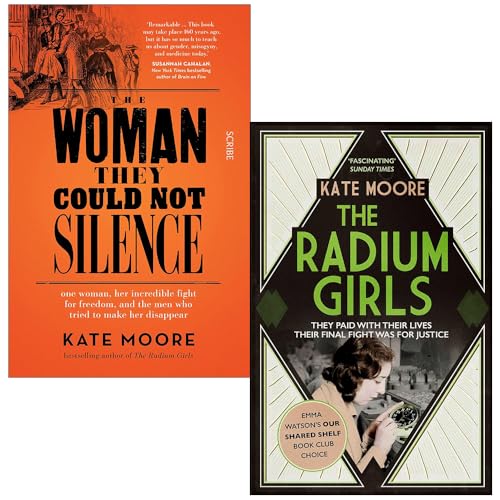 Set of two non-fiction books, "The Woman They Could Not Silence" and "The Radium Girls" by Kate Moore, featuring book covers.