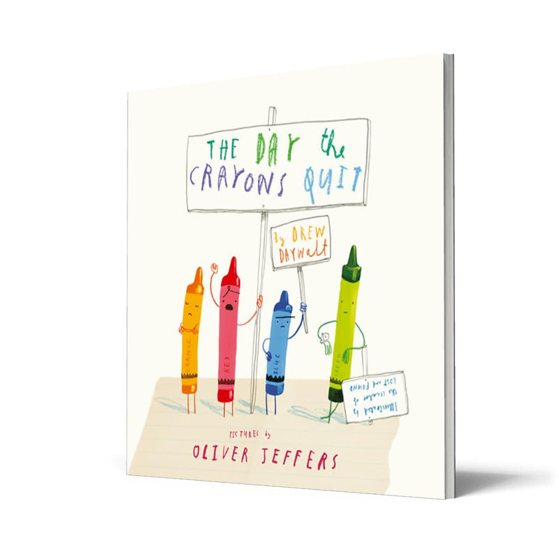Colorful cover of "The Day The Crayons Quit" children's picture book by Drew Daywalt, illustrated by Oliver Jeffers, published by HarperCollins.