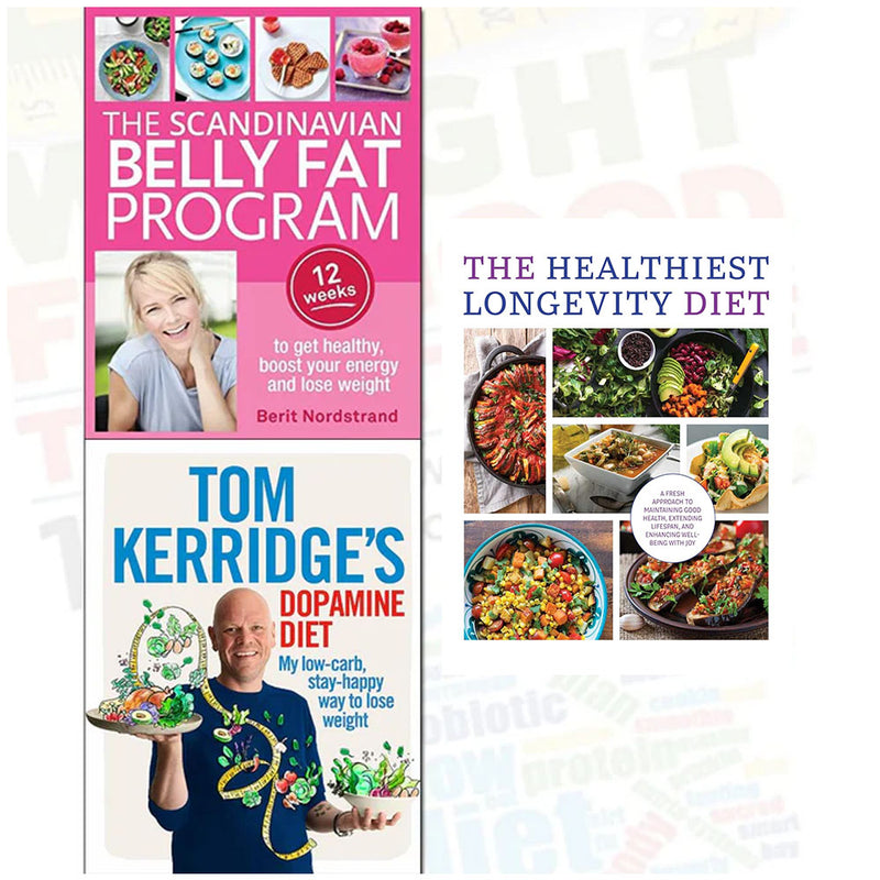 Set of three books from the Scandinavian Belly Fat Program and longevity diet by Tom Kerridge & Lota, featuring health and diet guidance.