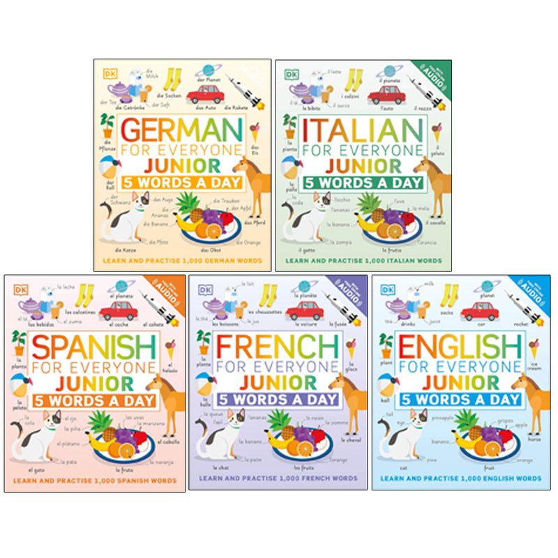 Set of five DK children's language books from the 5 Words a Day series, including French and Italian for beginners.