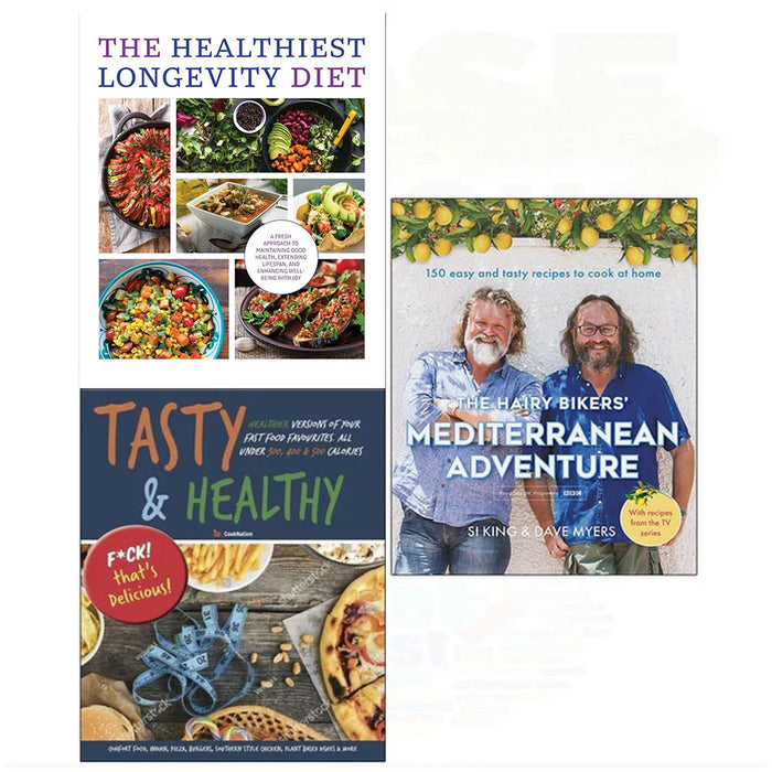 Hairy bikers' mediterranean adventure[hardcover], The Healthiest Longevity Diet, Tasty & Healthy 3 Books Collection Set - The Book Bundle