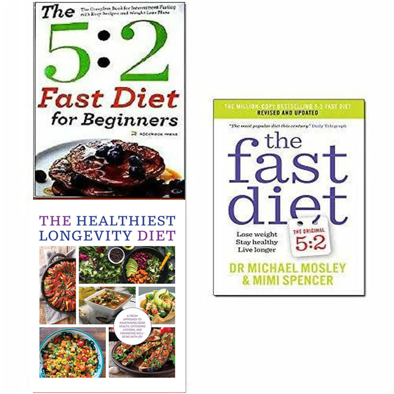 Collection of three paperback books on the 5:2 Fast Diet for beginners, by Chartwell Books and Dr. Michael Mosley.