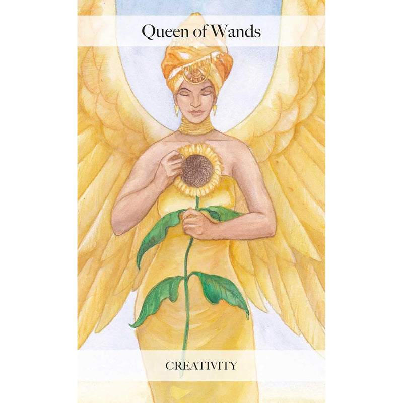 The Angel Tarot by Jayne Wallace 78-card tarot deck with colorful illustrated cards spread out, designed for divination and guidance.