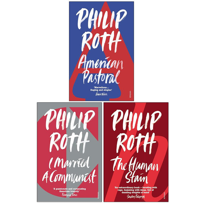 Vintage limited edition Philip Roth paperback collection of American Pastoral, The Human Stain, and I Married a Communist novels.