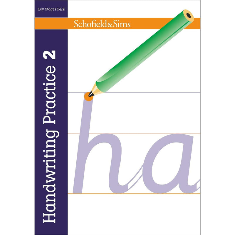 Handwriting practice book for ages 6-11 by Schofield and Sims Ltd, featuring pages with English handwriting exercises for children.