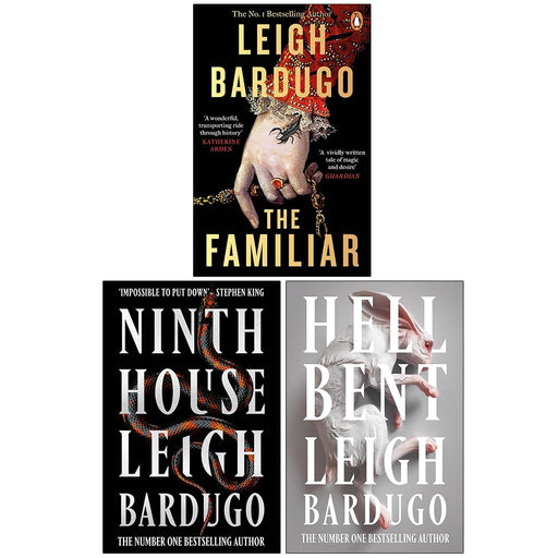 The Ninth House and Hell Bent book covers from Leigh Bardugo's The Familiar trilogy collection in paperback.