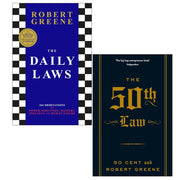 Two paperback books from the Robert Greene collection, The Daily Laws and The 50th Law, featuring cover designs and titles visible.