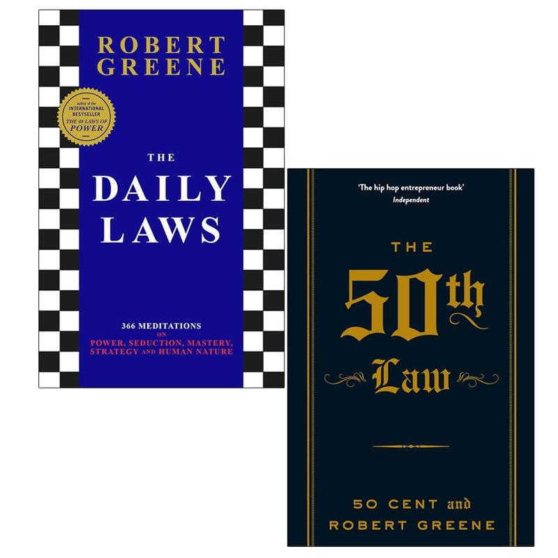Two paperback books from the Robert Greene collection, The Daily Laws and The 50th Law, featuring cover designs and titles visible.