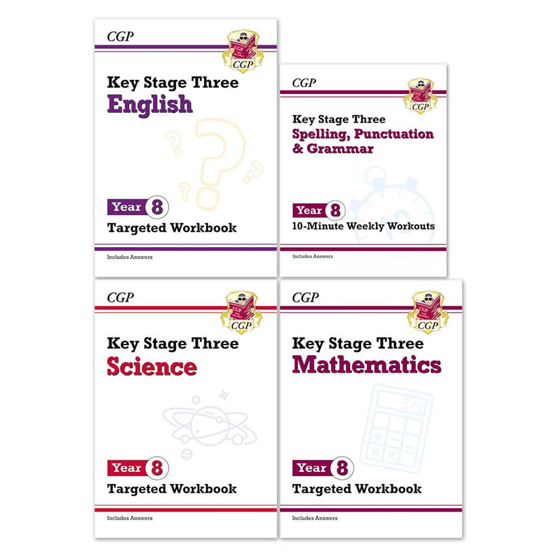 CGP Books KS3 Year 8 Maths, English and Science workbooks, ages 12-13, paperback set