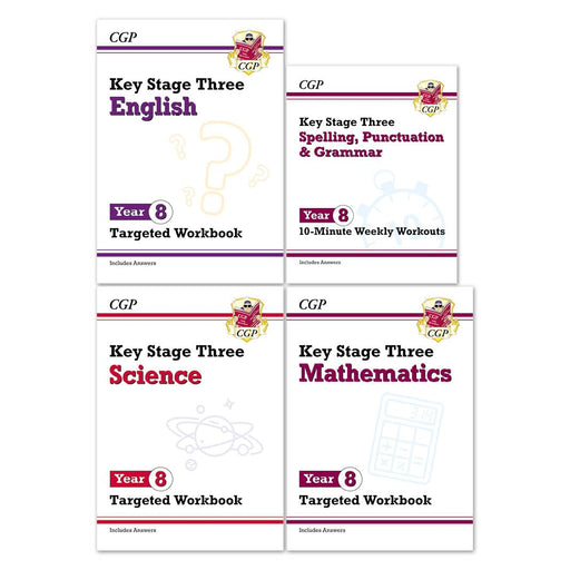 CGP Books KS3 Year 8 Maths, English and Science workbooks, ages 12-13, paperback set